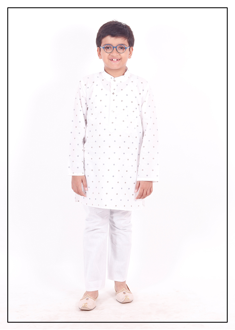 White Cotton Print Boys Kurta Pajama