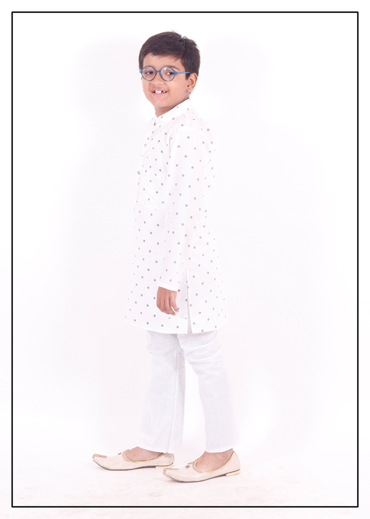 White Cotton Print Boys Kurta Pajama