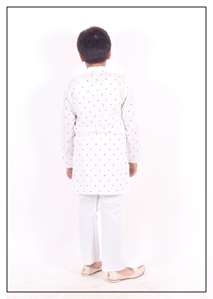 White Cotton Print Boys Kurta Pajama