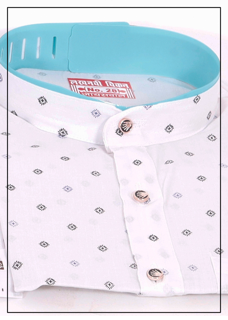 White Cotton Print Boys Kurta Pajama