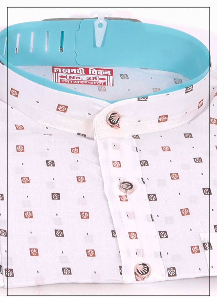 White Cotton Print Boys Kurta Pajama